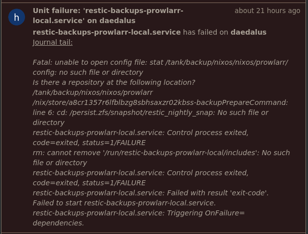 Screenshot of a pushover notification of a failed backup